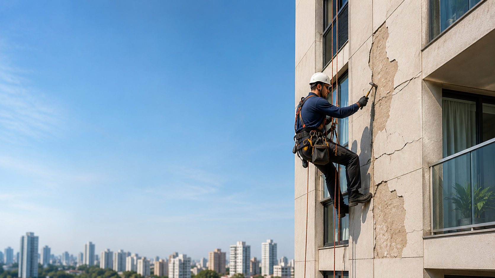 Profissional em acesso por cordas inspecionando revestimento de fachada