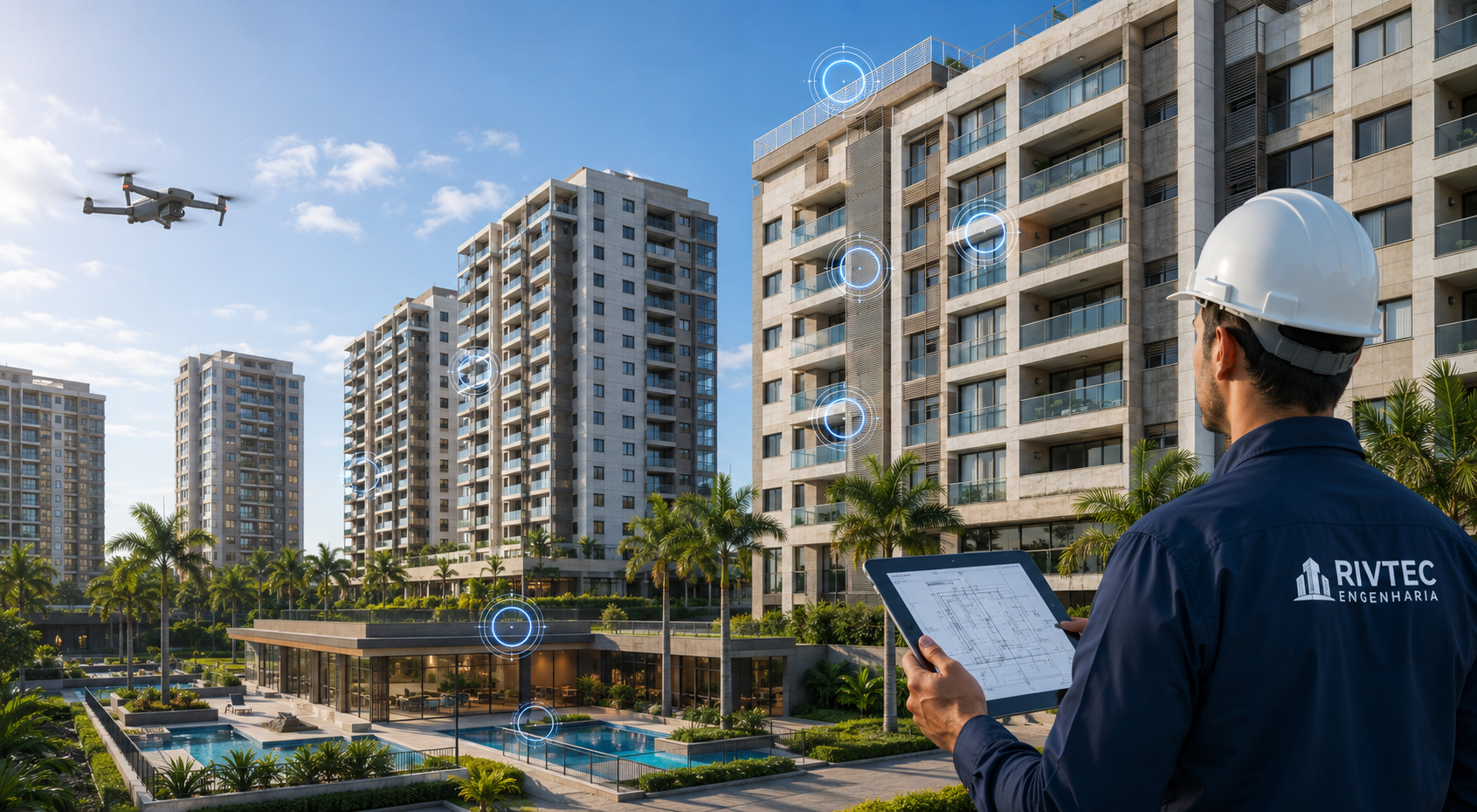 Engenheiro da RIVTEC inspecionando um condomínio residencial com apoio de drone